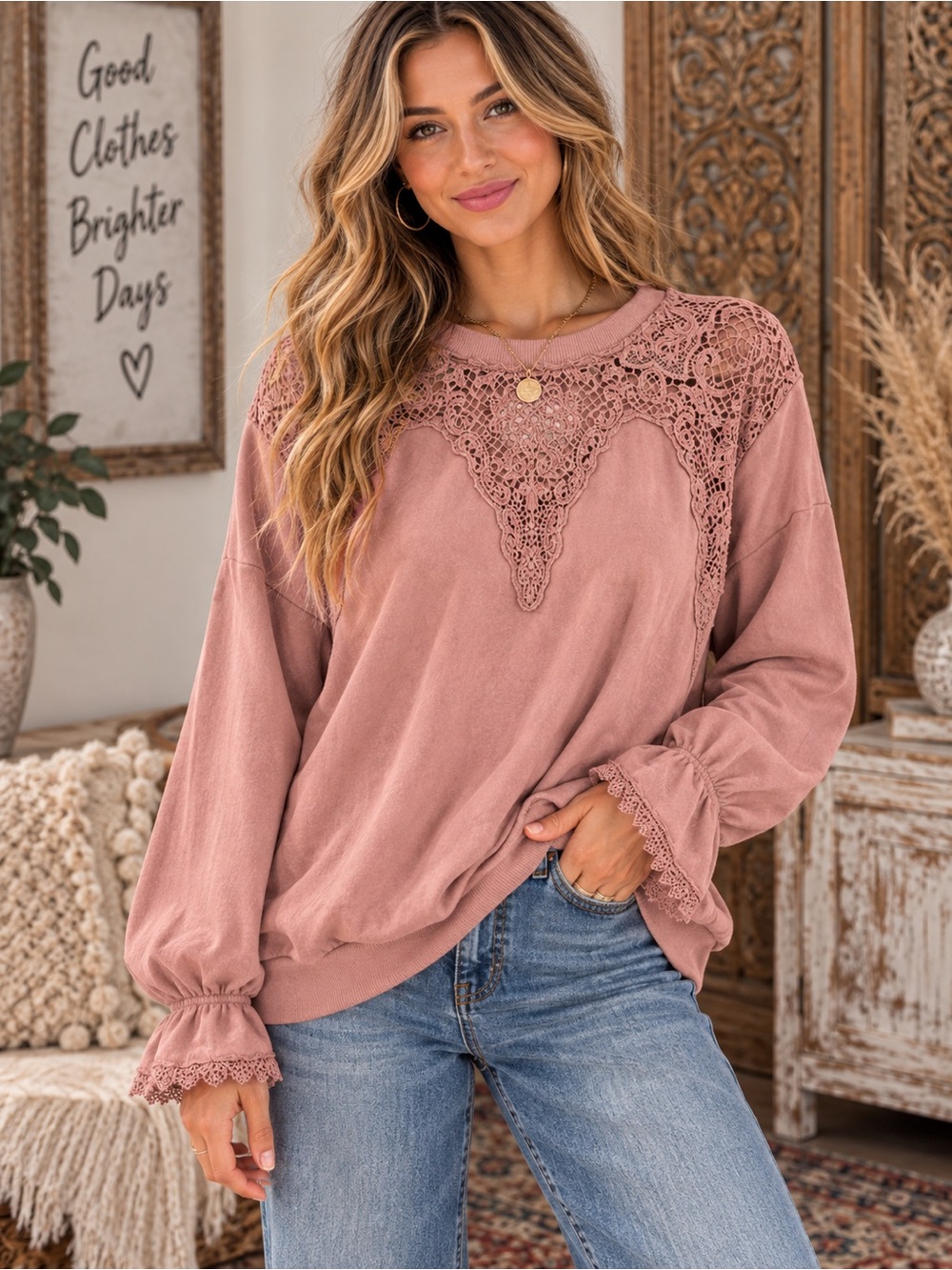 145 NWT easel Dusty Rose Crochet Yoke Pullover Sweatshirt Size Large